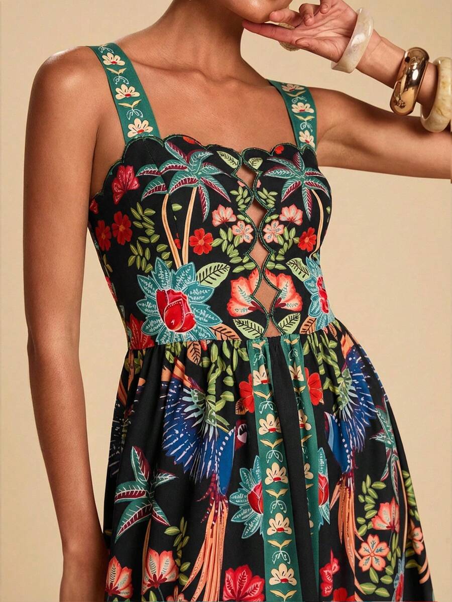 Travachic 女士印花褶皱休闲度假沙滩约会连衣裙 - 黑色 - 查看 1