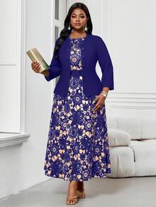 SHEIN Lady Bộ 2 váy midi họa tiết gợn sóng đơn giản cổ tròn có thắt lưng dành cho ngày lễ cỡ lớn dành cho nữ trang phục đi chơi hai mảnh - Màu xanh hải quân - Xem 6