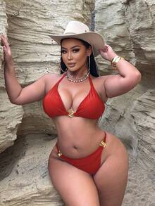 Swim SXY Bộ đồ bơi tankini cổ yếm màu trơn lấp lánh trang trí xoắn ốc dành cho nữ cỡ lớn - Đỏ - Xem 4