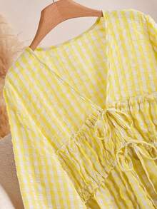 CosyJoli Plus Size Women Casual Tie-Front Plaid Shirt Fall - Yellow - View 3