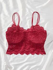 SHEIN Kamisol Kasual dan Bra Tanpa Kawat dengan Motif Renda Warna Polos (1 Potong, Tanpa Kawat) - Merah - View 2