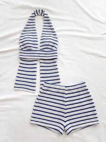 Soleia 女士吊带上衣和短裤两件套，休闲款 - 藍白色 - 查看 4