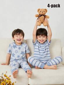 4件套幼儿男童短袖裤星条纹蓝色印花休闲舒适宽松基础款针织圆领柔软睡衣，夏季 - 藍色 - 查看 2