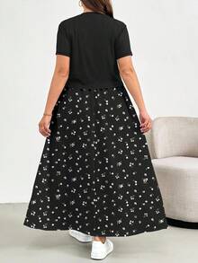 SHEIN Essnce 大码女装夏季两件套，短袖套装，印花半裙两件套，大码女装休闲舒适套装，印花女装，夏季女装家居服套装，度假两件套，两件套夏季服装，夏季女装套装 - 黑色 - 查看 2