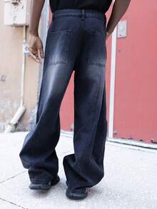 BelSigned BelSigned 1pc Justice Brother Casual Patchwork Loose Fit Barrel Leg Jeans, Distressed Wash, Street Style Pants (Belt And Accessories Not Included) - Black - View 2