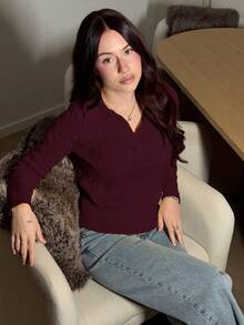 女士休闲抽绳长袖针织衫，浅黄色，秋冬款 - 酒紅色 - 查看 5