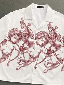 StoneGrade 复古美式丘比特射手天使印花宽松短袖衬衫，领，约会聚会必备，时尚情侣礼物，送给男友的理想之选 - 杏色 - 查看 3