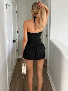 Sydney Algeri Summer Sexy Solid Color Tie-Up Halter Waist Flared Mini Skirt - Black - View 6