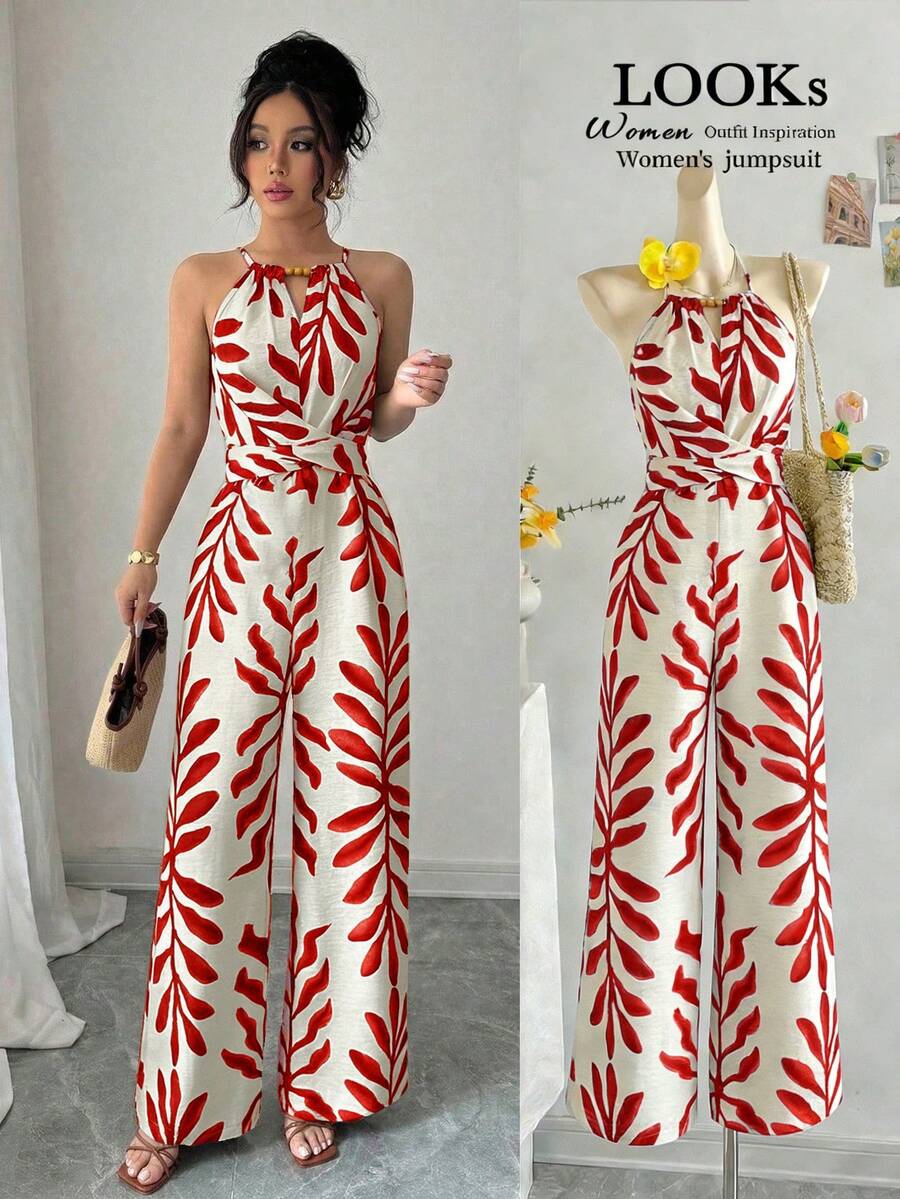 Elenzga petite Women's Elegant Halter Jumpsuit,Beaded Design Linen Fabric Waist Bow Tie Outfit For Summer,Tropical,Holiday,Vacation,Tea Party,Beige,Holiday Outfits - Red - View 1