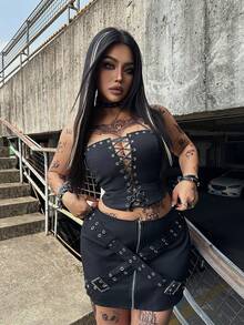 SHEIN Whyspr Chân váy chữ A dáng suông, khóa kéo phía trước, chất liệu dệt họa tiết đục lỗ, dành cho nữ cỡ lớn, thích hợp cho mùa xuân/hè. - màu đen - Xem 4