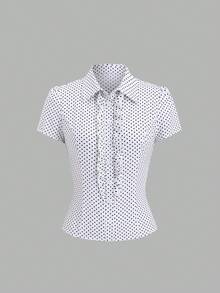 Sweetra Áo kiểu nữ tay ngắn họa tiết chấm bi, viền bèo nhún, thích hợp cho mùa xuân/hè. - Đen và trắng - Xem 6