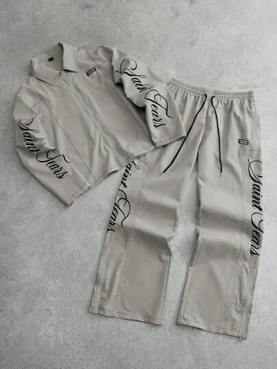 PAVTROS 2 piezas Conjunto de moda para hombre: Camisa de manga larga con cuello de cremallera, pantalones con cintura elástica y diseño de bajo con abertura, conjunto minimalista y lujoso, estilo deportivo ligero, de moda, enérgico, casual, personalizado, para uso diario, fiesta, viaje, regalo, hombre, holgado, mejor, novio, verano, vacaciones, Y2K, retro, amigos