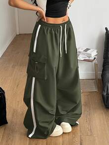 Coolane Damen Plus Sommer Streetwear Sport Basic Klapptasche Seitliche Kordelzug Taille Fallschirm Graue Cargohose - Armeegrün - Übersicht 4