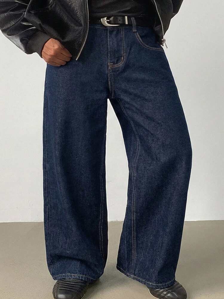 Men's Plus Size Washed Blue Solid Color Denim Jeans, Suitable For Spring And Autumn