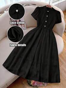GlowEve CURVE Plus Size Spring/Summer Short Sleeve Jacquard Elegant French Lace Collar A-Line Dress For Women - Black - View 1
