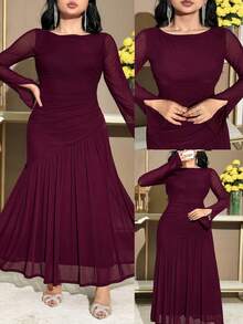 Feyla Plus Size Women Solid Color Round Neck Ruffle Mesh Long Sleeve Elegant Dress - Purple - View 8