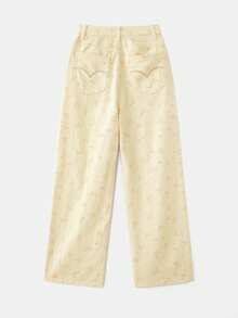 lacRébo Calça de algodão bege com estampa floral, cintura alta e detalhe contrastante em amarelo. Ideal para primavera/verão, carnaval e festivais de música. Estilo francês/parisiense. - Luz amarela - Ver 7