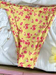 Swim Mod Bikini de dos piezas con estampado floral rosa y amarillo, copas triangulares y tirantes gruesos, para vacaciones en la playa - Multicolor - Ver 4
