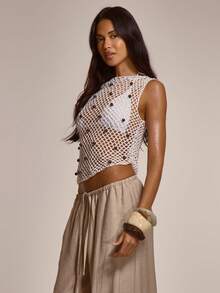 MUSERA Slash Neck Open Crochet Knit Beaded Asymmetric Hem Top Cute Summer Spring Sexy Going Out Beach Holiday Vacation Honey Tides - Army Green - View 4