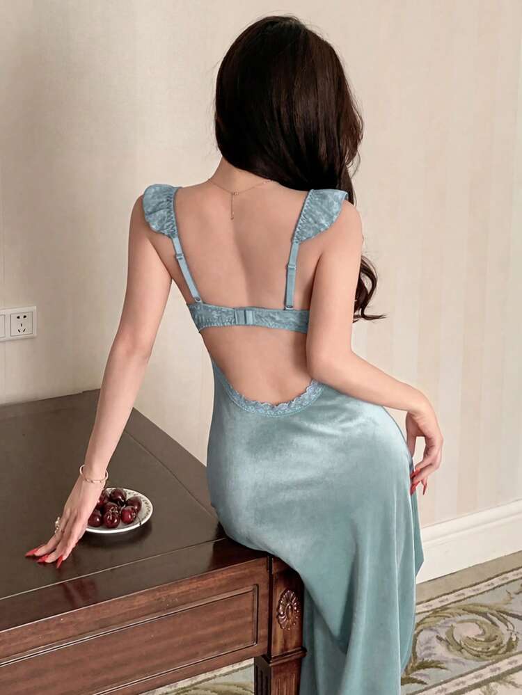 Lace Patchwork Sleeveless Backless Nightgown, Women Loungewear Dress