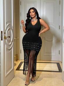 NU&NOW 大码女士性感度假针织弹力流苏串珠长裙，V领无袖露背修身连衣裙，优雅夏季假日派对礼服 - 黑色 - 查看 4