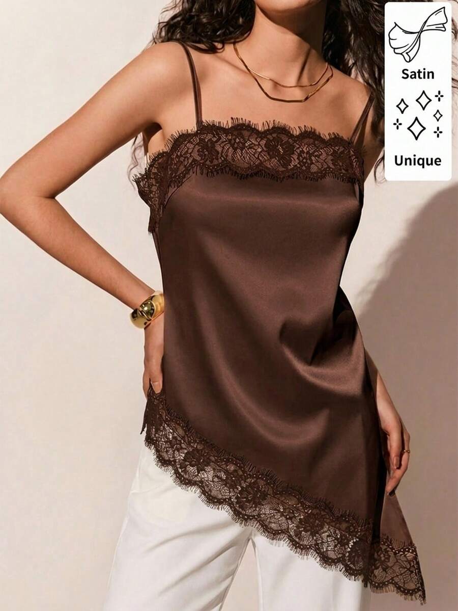 Poéselle Áo camisole nữ mùa hè kiểu dáng thường ngày, màu trơn, phối ren, vạt bất đối xứng. - Cà phê nâu - Xem 1