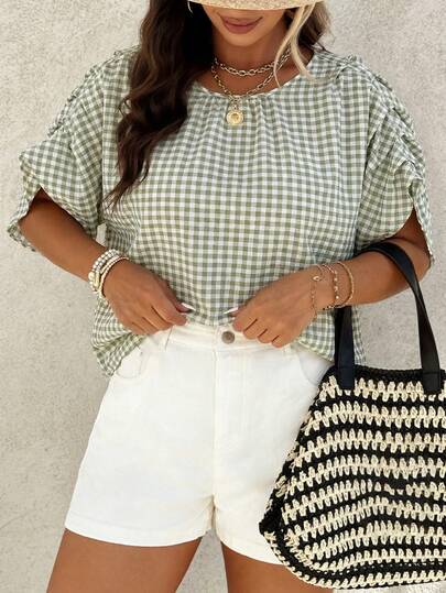 Weeklong 大码女式春夏圆领格子褶皱袖宽松休闲衬衫