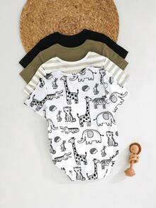 4件套婴儿男女宝宝可爱针织卡通长颈鹿、兔子、老虎、鳄鱼图案弹力条纹短袖连体衣基础款套装 - 彩色 - 查看 2