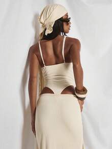 MUSERA Thin Strap Square Neck High Leg Fitted Bodysuit Coord Top Only Cute Holiday Sexy Night Out Vacation Spring Summer Elegant Soleil Drape - Apricot - View 2