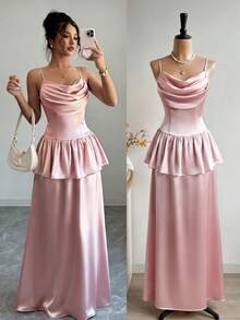 Elenzga Elegantes romantisches Rüschenkleid mit A-Linie, Herzausschnitt und Taillenraffung, geeignet für Partys, Hochzeiten, Musikfestivals - Babypink - Übersicht 1