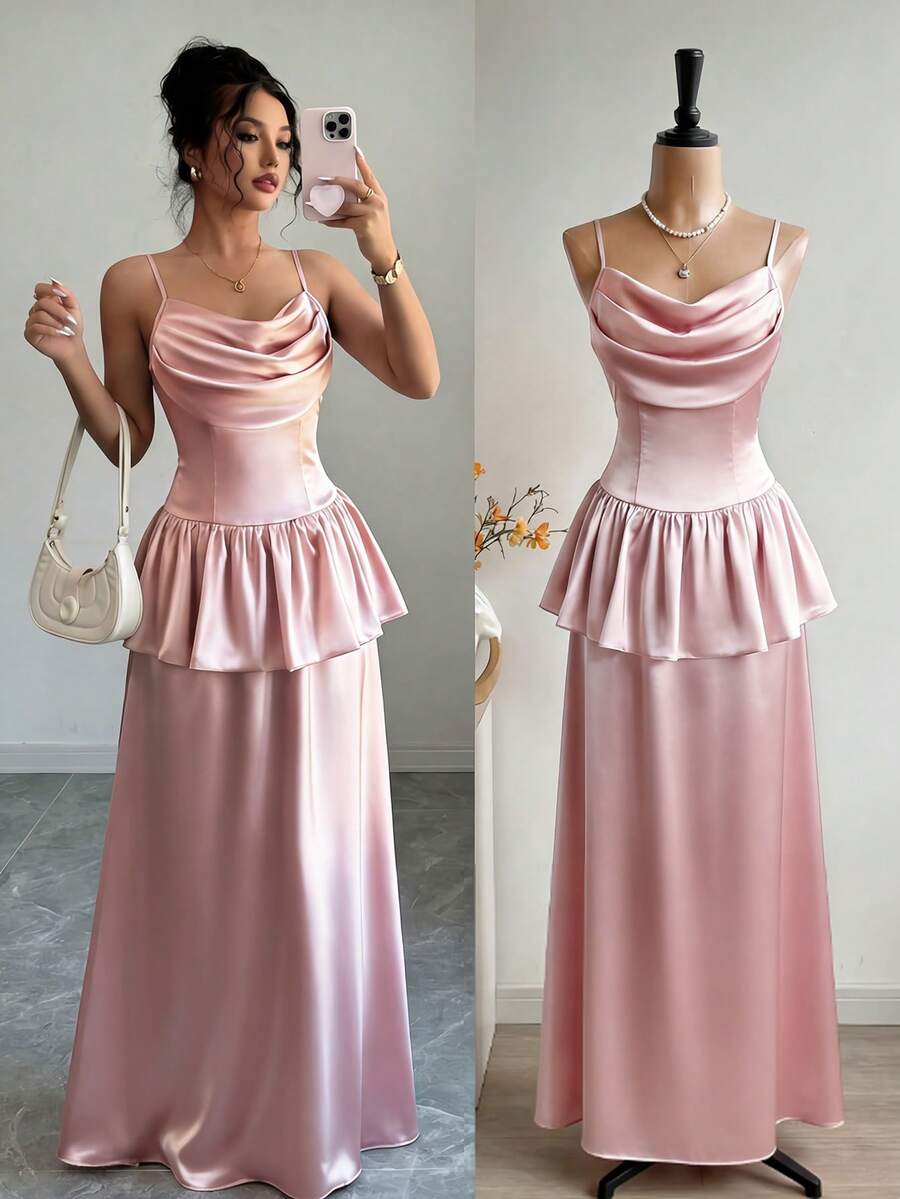 Elenzga Elegantes romantisches Rüschenkleid mit A-Linie, Herzausschnitt und Taillenraffung, geeignet für Partys, Hochzeiten, Musikfestivals - Babypink - Übersicht 1