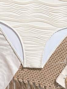 SHEIN Tween Girl Wavy Textured Shell Decor Camisole One-Piece Swimsuit And Mini Skirt, Suitable For Beach Vacation, Pool Party, Beach Party - Beige - View 5
