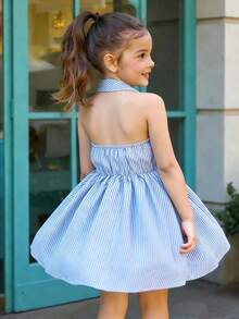 SHEIN Elladie kids Đầm hè thời trang cho bé gái, cổ polo, yếm, hở lưng, thắt eo, kiểu dáng ngọt ngào và đa năng cho kỳ nghỉ. - Màu xanh lam - Xem 1