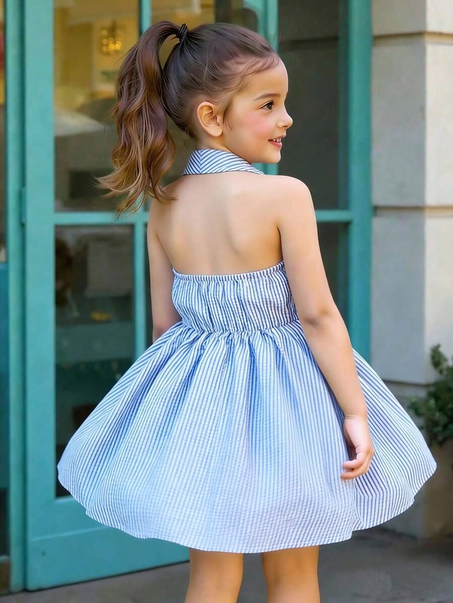 SHEIN Elladie kids Đầm hè thời trang cho bé gái, cổ polo, yếm, hở lưng, thắt eo, kiểu dáng ngọt ngào và đa năng cho kỳ nghỉ. - Màu xanh lam - Xem 1