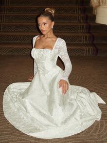 Glamine Charm Đầm midi dài tay cổ vuông xẻ sâu gợi cảm phối ren, kiểu dáng cung đình sang trọng, phù hợp cho dạ hội, hẹn hò, tiệc khiêu vũ, lễ tốt nghiệp, đầm mùa thu cho phái nữ, đầm dự tiệc thanh lịch. - trắng - Xem 5