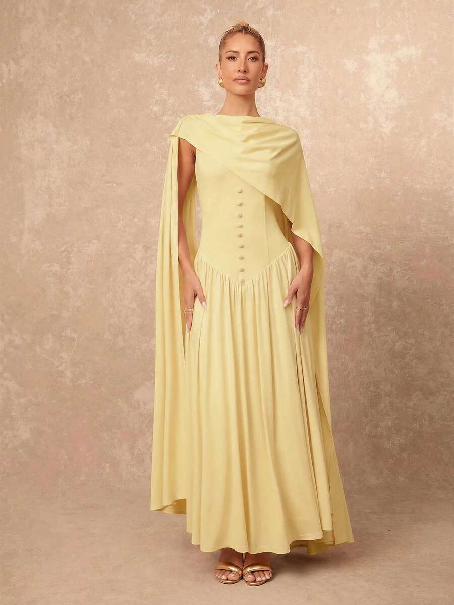 Lumalex Women's Solid Color Draped Design Ruched Waist Elegant Long Dress For Party - Light Yellow - View 1