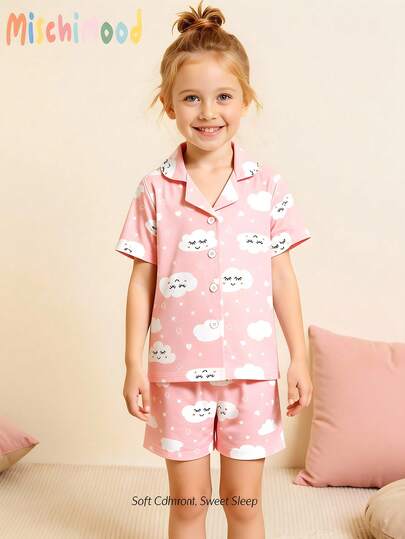 2pcs/Set Young Girl' Pink Cloud & Eyelash Pattern Cardigan Short Sleeve Top And Shorts Comfortable Pajamas Set