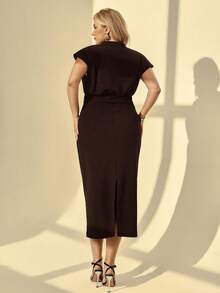Auralis Plus Size Elegant Solid Color Notched Neck Dress, Summer - Brown - View 2