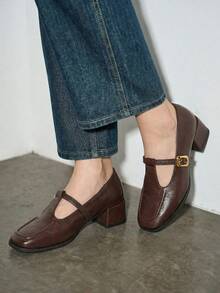 2025秋冬新款复古玛丽珍鞋，法式低帮粗跟小皮鞋，优雅 - 棕色 - 查看 2