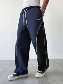 Manfinity Hypemode Men's Drawstring Elastic Waist Contrast Color Casual Pants - Royal Blue - View 4