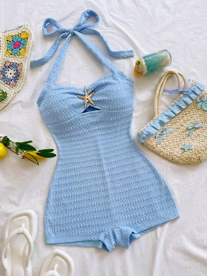 Soleia Dames jumpsuit met halternek, strik en effen textuur, perfect voor een strandfeestje.
