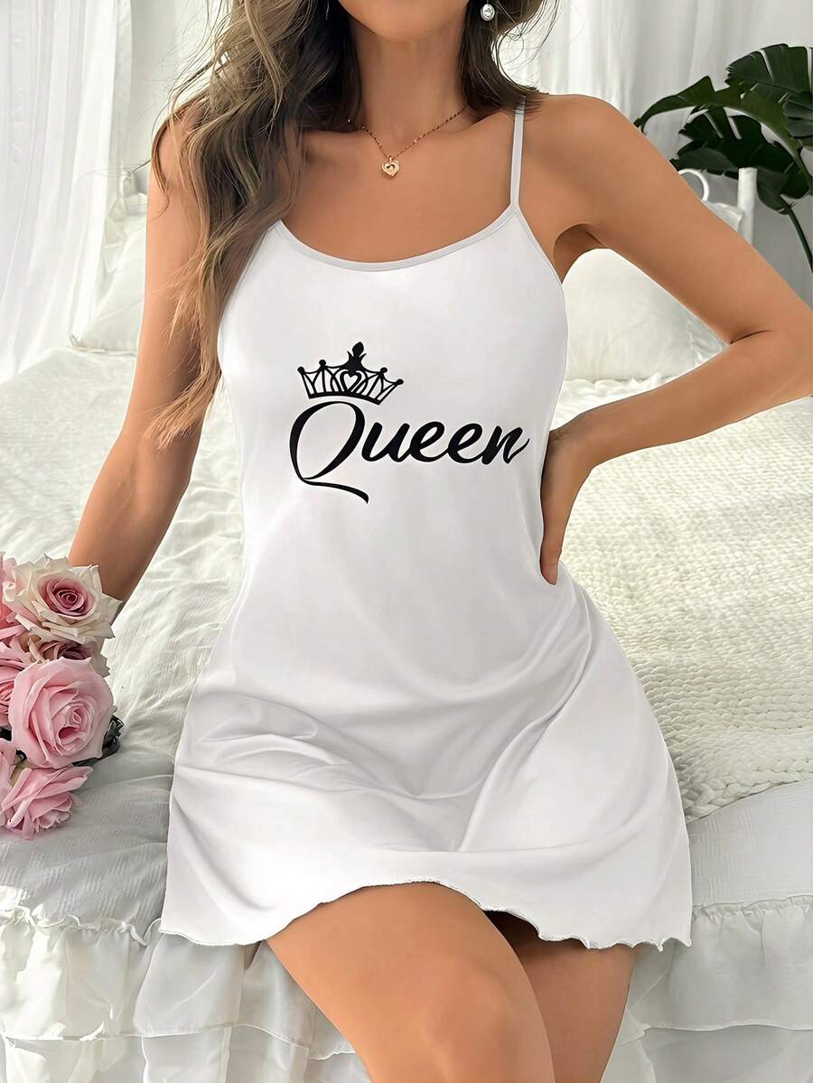 SHEIN Áo ngủ hai dây in hình vương miện và chữ cái kiểu dáng giản dị dành cho nữ. - trắng - Xem 1