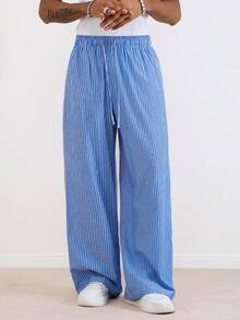 TOKVUE 男士抽绳腰带条纹口袋阔腿宽松裤 - 藍色 - 查看 3