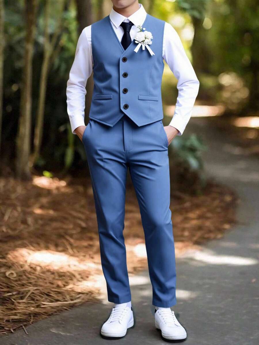 SHEIN 两件套男童春夏韩版修身婚礼/正式场合钢琴表演主持人背心套装。宽松不对称背心+直筒休闲裤两件套 - 深色水洗藍 - 查看 1