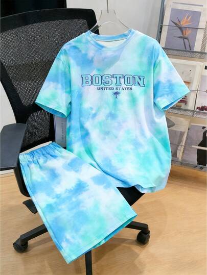 Fantacosmos 2pcs/Set Casual Tie-Dye Gradient Color Matching BOSTON Graphic Print Loose Fit Short Sleeve Top And Shorts Set For Teenage Boys, Stylish Street-Chic Outfit For Spring/Summer