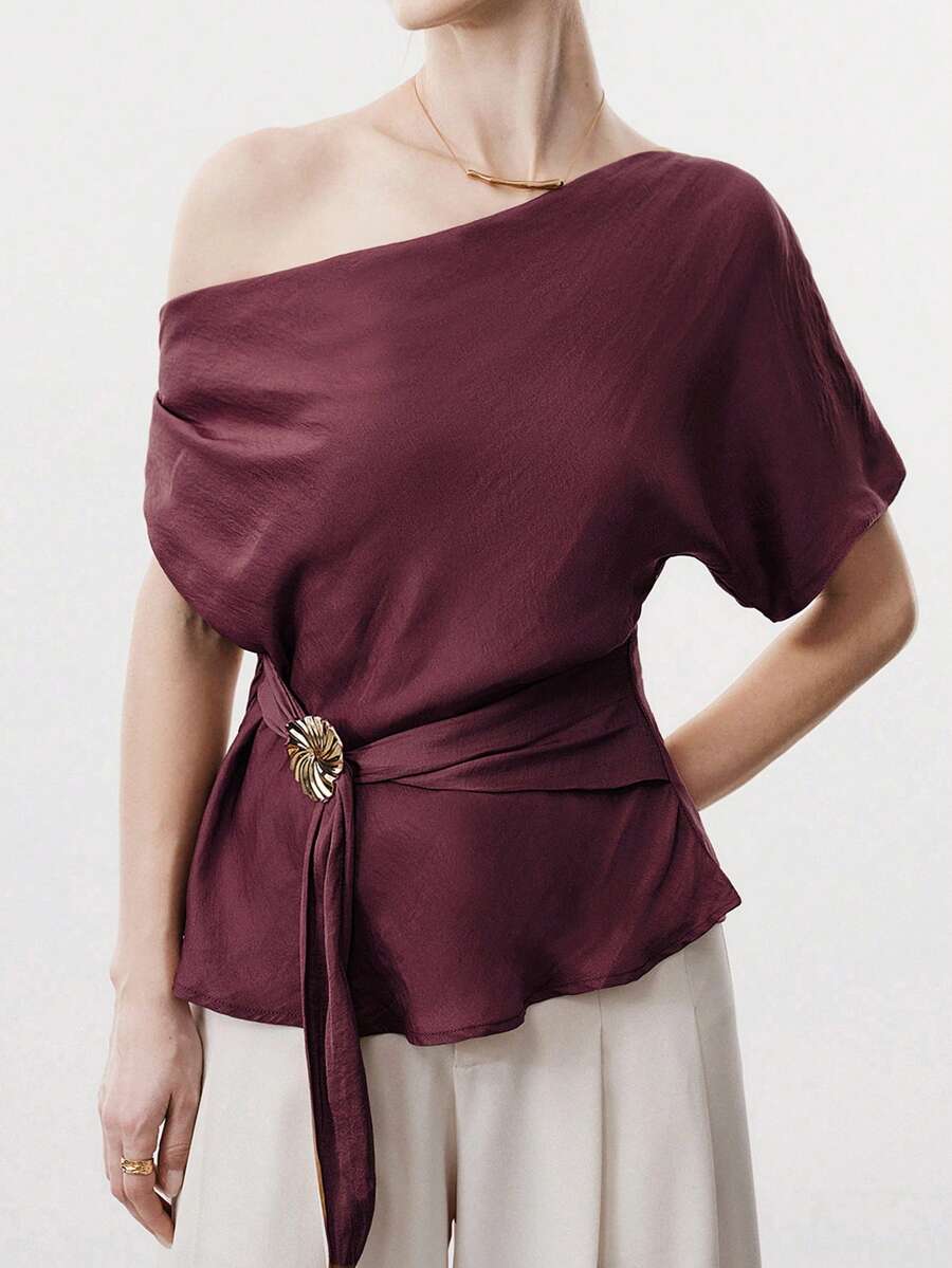 Aalyst Women's Solid Color Asymmetric Shoulder Exposed Shoulder Asymmetrical Neckline Short Sleeve Waist Metal Buckle Decor Tie Blouse, Elegant French Retro Formal Office Commute Casual Holiday Afternoon Tea Street Style Minimalist Versatile, Spring/Summer New Arrival Women's Tops And Blouses Women's Short Sleeve Tops Blouse With Garterized Waist For Women Women's Tops - Maroon - View 1