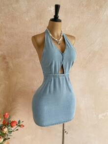 Soleia Women's V-Neck Hollow Out Design Fashion Halter Denim Dress,Women's Light Wash Denim Halter Dress  Cutout Bodycon Mini Summer Party Outfits,Women's Denim Halter Mini Dress Cutout Y2K Coquette Sexy Summer Style,Women's Elegant Denim Bodycon Dress Halter Neck Cutout Vacation Style,Women's Light Wash Denim Halter Mini Dress, Featuring A Deep V-Neck With Front Cutout, Halter Neckline With Back Button Closure,  Back Zipper Closure, Ideal For Summer Parties, Date Nights, Y2K Coquette & Beach Vacation Looks,HalterDress, CutoutDress, BodyconMini, LightWashDenim, SummerDress, Y2K, CoquetteStyle, SexyPartyOutfits - Blue - View 4