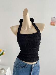 SHEIN 少女时尚可爱舒适波浪纹蝴蝶结吊带背心，适合外出和聚会，春夏款 - 彩色 - 查看 4