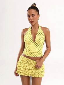SHEIN BAE Women's Casual Polka Dot Multi-Layer Mini Skirt - Yellow - View 4