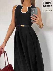 Siren Gaze Đầm trơn màu cổ chữ U, eo xòe chữ A, viền tương phản, đầm nữ thanh lịch, trang phục công sở/đi làm cho nữ. - màu đen - Xem 11